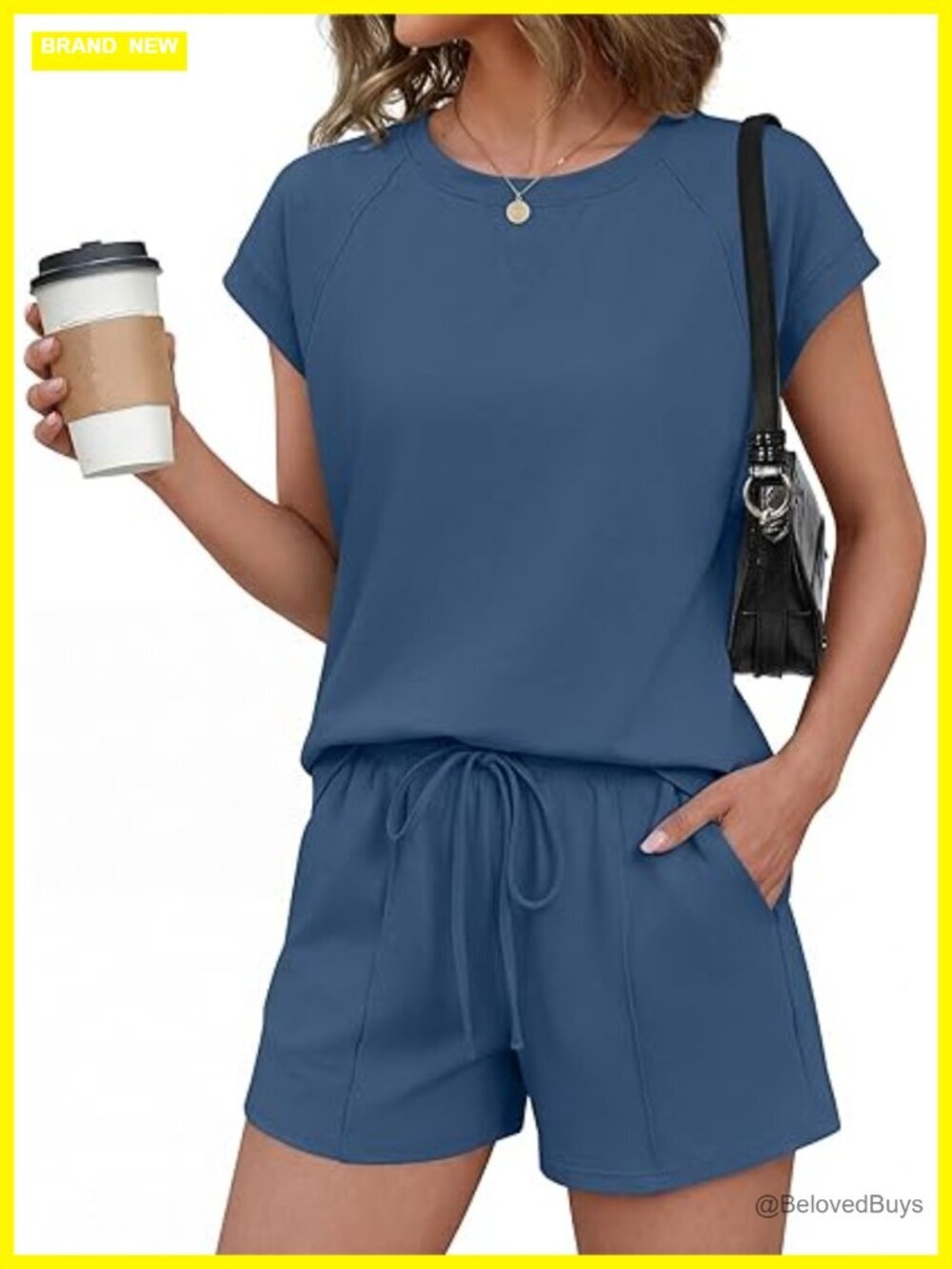Cotton Two Piece Short Set Crew Neck Cap Sleeve Matching Vacation Outfit with